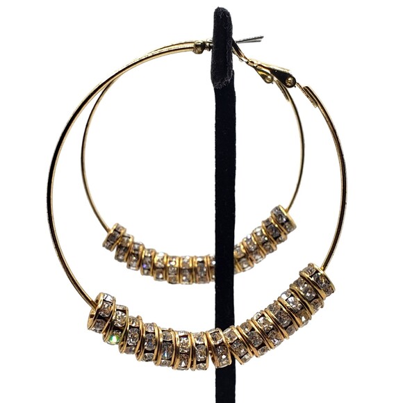 Large Gold Tone Rhinestone Charms Pierced Hoop Earrings 2 3/4" - Picture 5 of 9